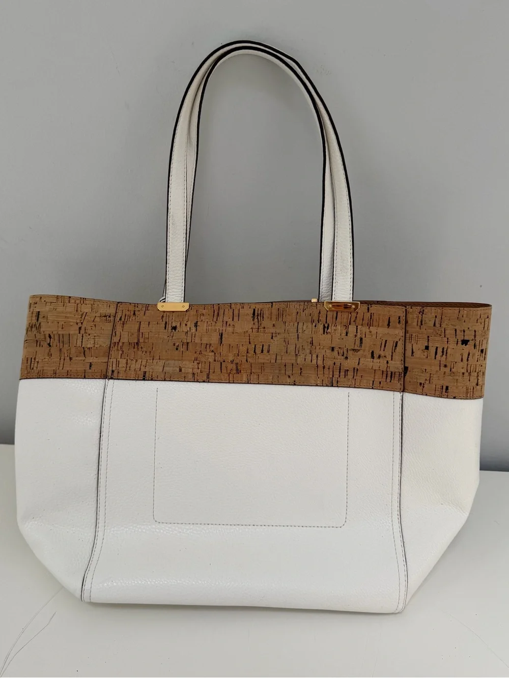 Lauren Ralph Lauren Paley White Leather Tote with Cork Band and Gold Hardware.